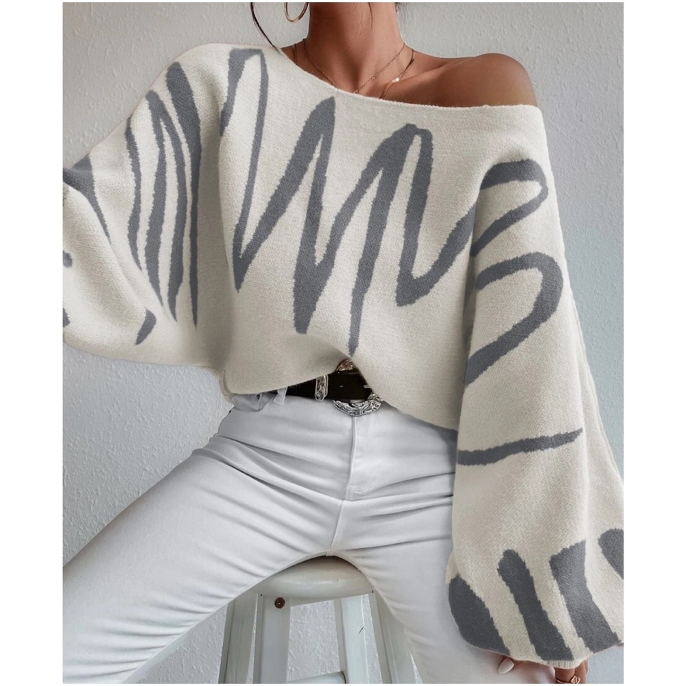 Cozy Print Balloon Sleeve Sweater Top - Picture 8 of 10